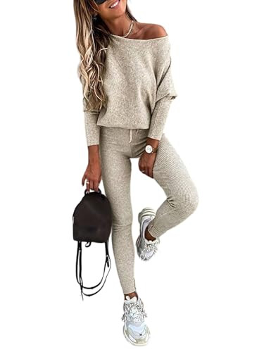 CHICME 2 Piece Lounge Outfit 2025 Long Sleeve Knit Pullover Tops Drawstring Pants Set Tracksuit S... | Amazon (US)