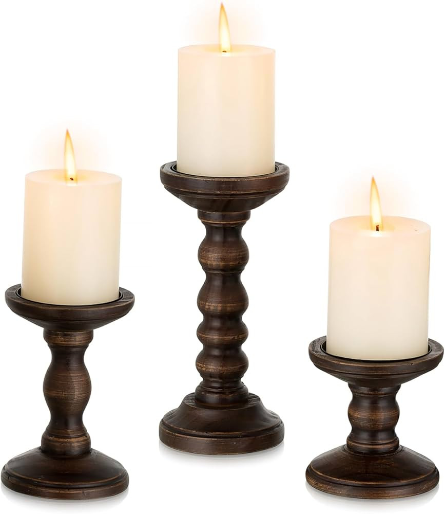 Romadedi Wood Candle Holders for Pillar - Set of 3 Tall Rustic Vintage Wooden Candlestick Holder,... | Amazon (US)