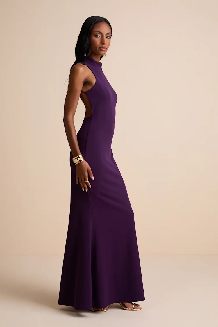 Damaris Dark Purple Mock Neck Backless Maxi Dress | Lulus