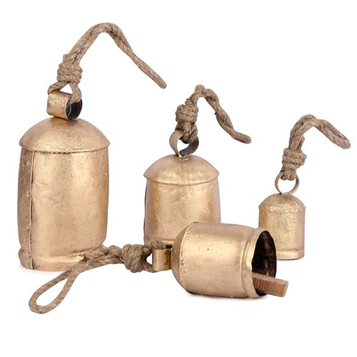 MesuBari Rustic Lucky Cow Bells Set of 4 Handmade Vintage Wind Chime Gold Brass Hanging Bells with Rope for Outdoor Christmas, Farmhouse, Garden Decor, Home Decor 5",4.5",3.5",2.5" inches | Amazon (US)