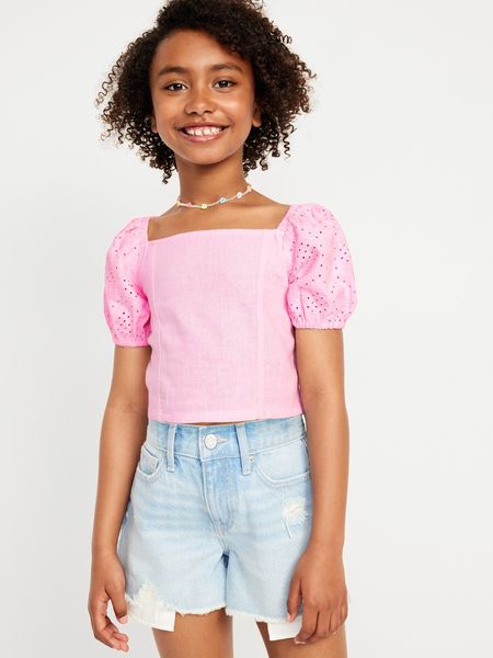 Short Puff-Sleeve Eyelet Linen-Blend Top for Girls | Old Navy (US)