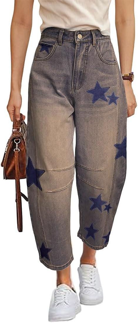 Barrel Jeans for Women Baggy Star Printed Horseshoe Jeans Mid Rise Wide Leg Cropped Ankle Denim P... | Amazon (US)