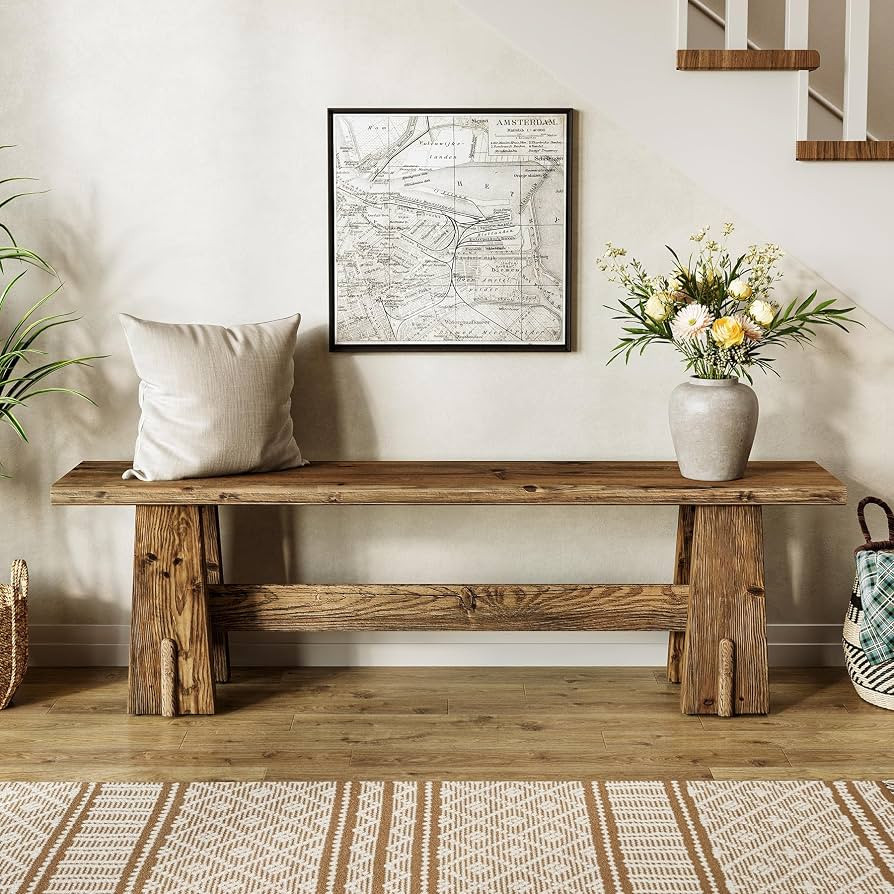 LITTLE TREE 59" Solid Wood Bench, Farmhouse Entryway Bench, Long Retro Bench for End of Bed, Dini... | Amazon (US)