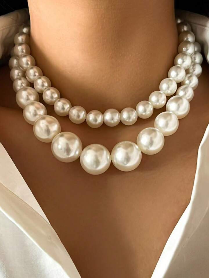 2pcs European And American Cross-Border Jewelry Big Pearl Choker Necklace Multilayer Beaded Neckl... | SHEIN