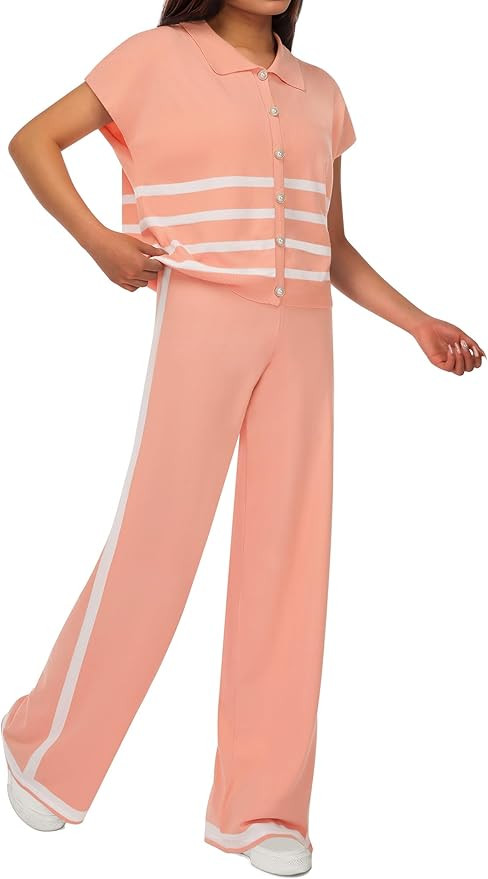 SHESHOW Lounge Sets for Women Stripe Knit Cap Sleeve Lapel Button Down Top and Wide Leg Pants 2 P... | Amazon (US)