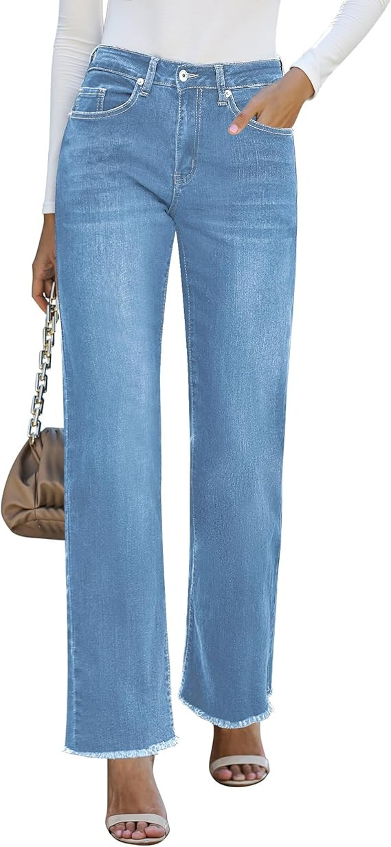 GRAPENT Straight Leg Jeans for Women High Waisted Stretchy Frayed Raw Hem Loose Denim Pants Casua... | Amazon (US)