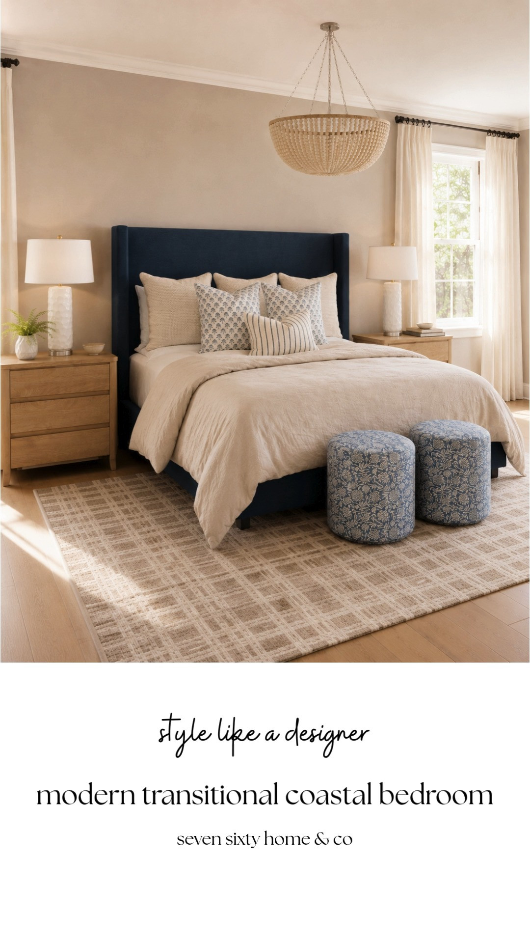 Modern coastal bedroom with layered neutrals and warm wood tones

This bedroom features the Tilly upholstered bed, Loloi Joon rug, wood nightstands, ceramic table lamps, and textured bedding for a look that feels relaxed but still elevated
The combination of warm beige, navy blue, and natural textures keeps the room feeling grounded while still bright and airy

Perfect for coastal bedroom inspiration, neutral bedroom ideas, navy bed styling, and modern transitional home decor 

 #LTKHome