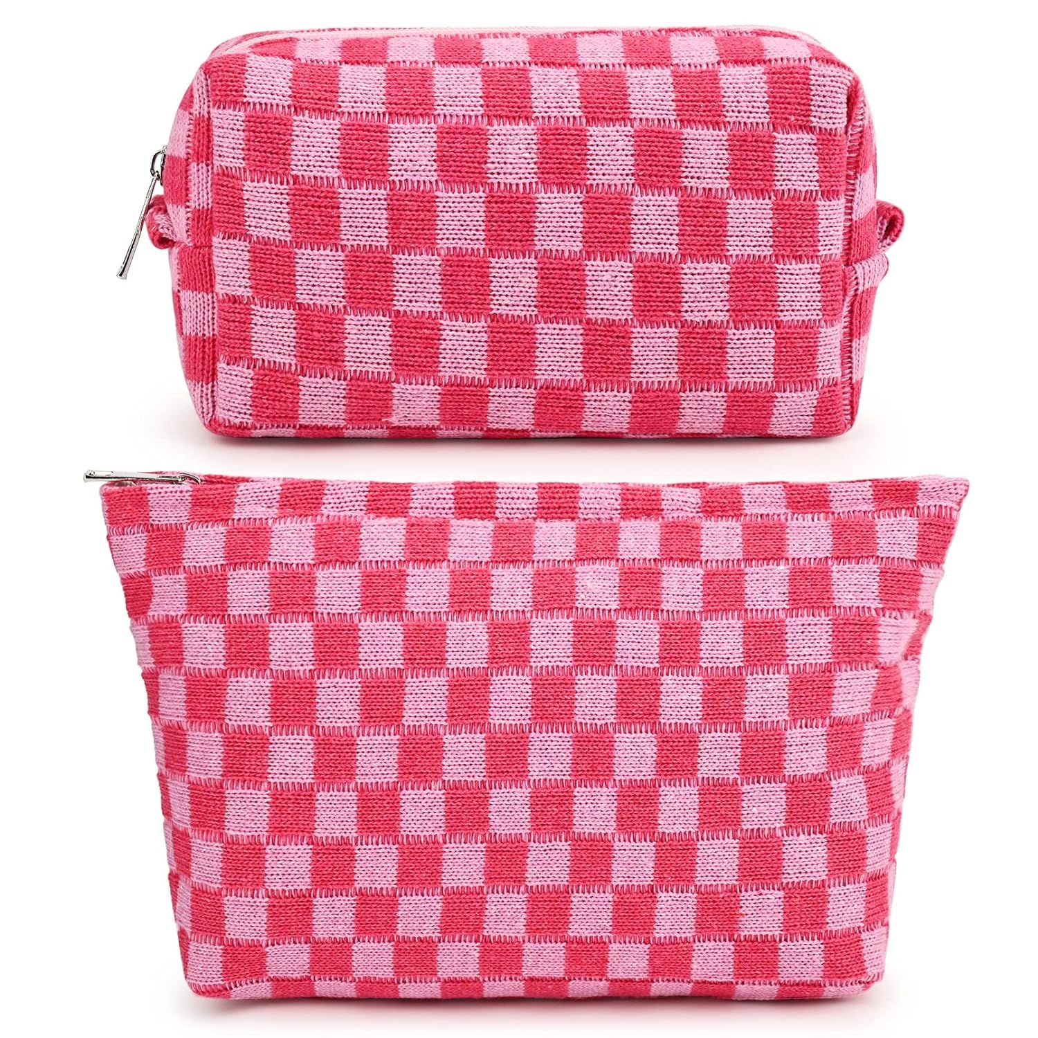 SOIDRAM 2 Pieces Makeup Bag Large Checkered Cosmetic Bag Pink Capacity Canvas Travel Toiletry Bag... | Amazon (US)