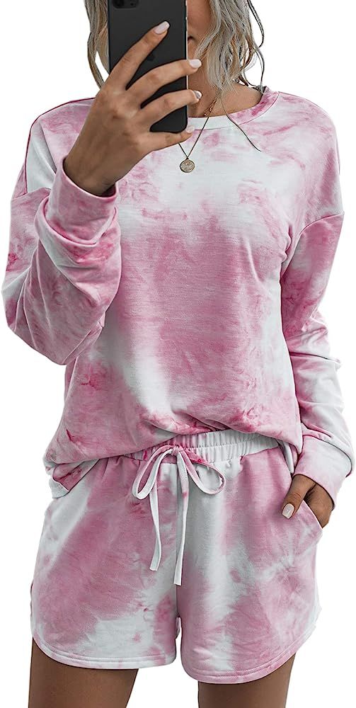 CinShein Women's Pajamas Tie Dye Printed Crew Neck Long Sleeve Top Shorts Loungewear Nightwear Sl... | Amazon (US)