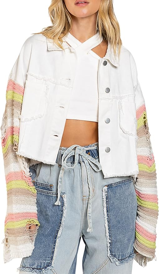 Joiemont Womens Rainbow Sweater Sleeve Crop Denim Jacket Distressed Ripped Frayed Hem Patchwork J... | Amazon (US)