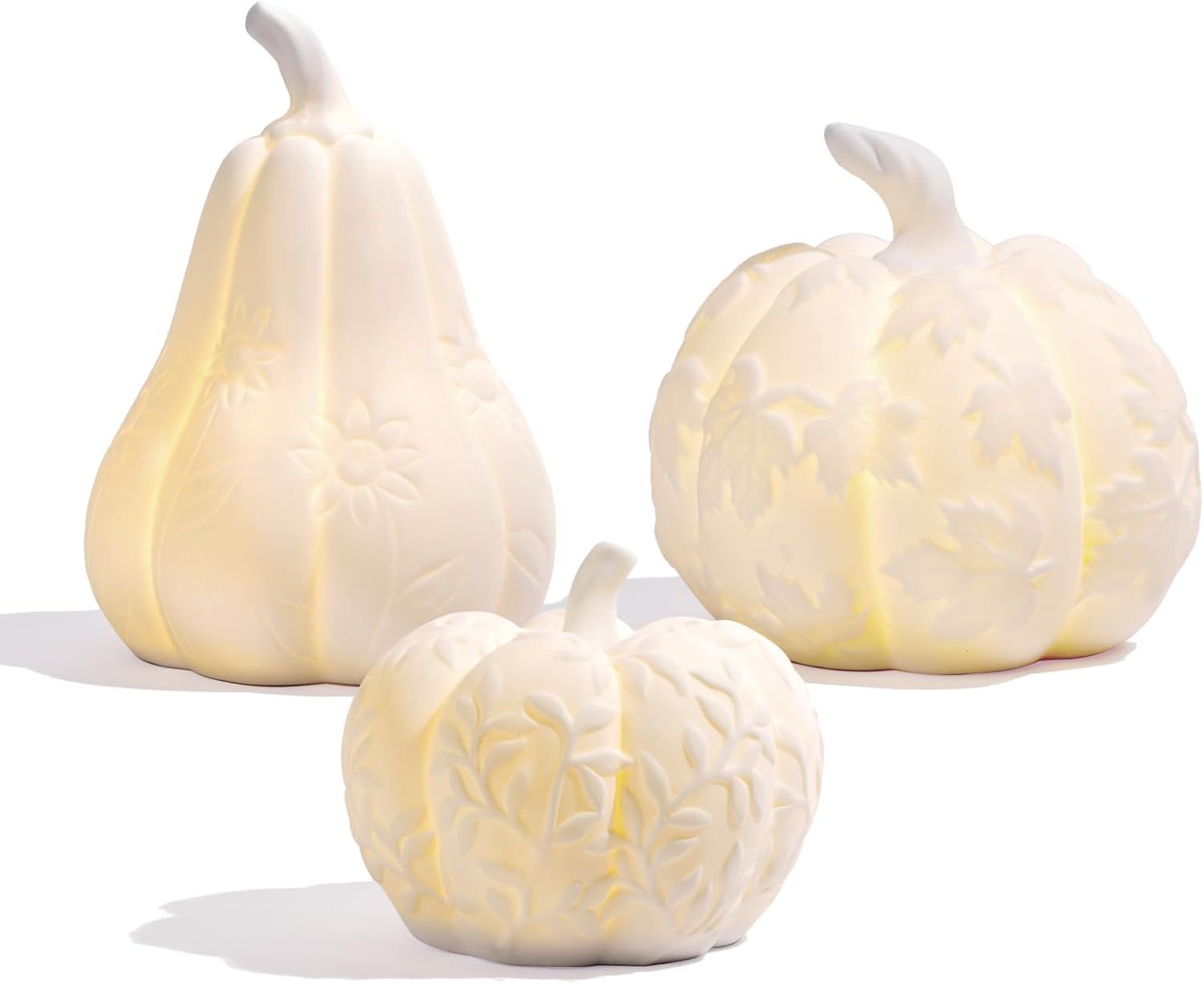 Set of 3 Large Ceramic Pumpkin with Light, Decorative White Pumpkins Fall Centerpiece Table Decor... | Amazon (US)