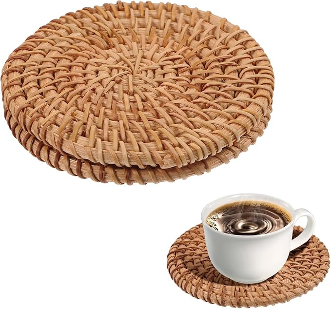 Oruola 2pcs Natural Woven Coasters,Rattan Coasters,3.93In Round Wicker Coasters,Boho Coasters Hea... | Amazon (US)