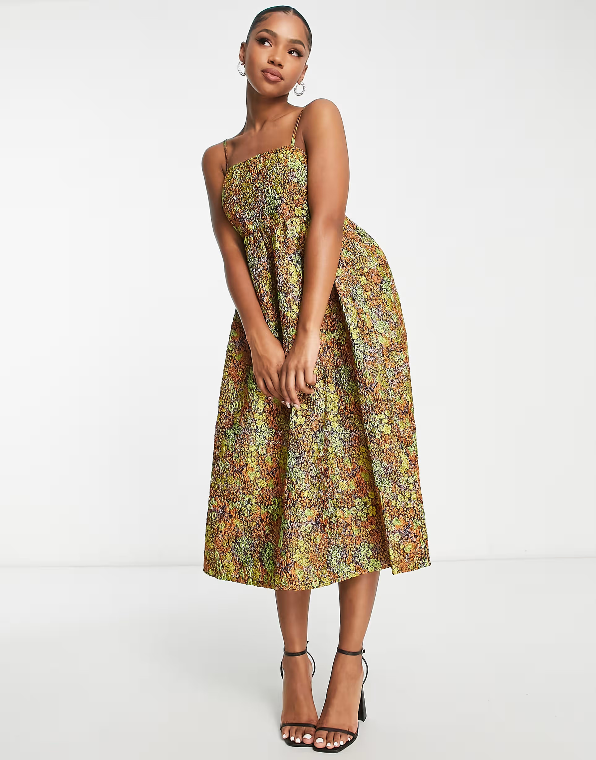 Pieces Premium jacquard midi babydoll dress in orange floral | ASOS (Global)