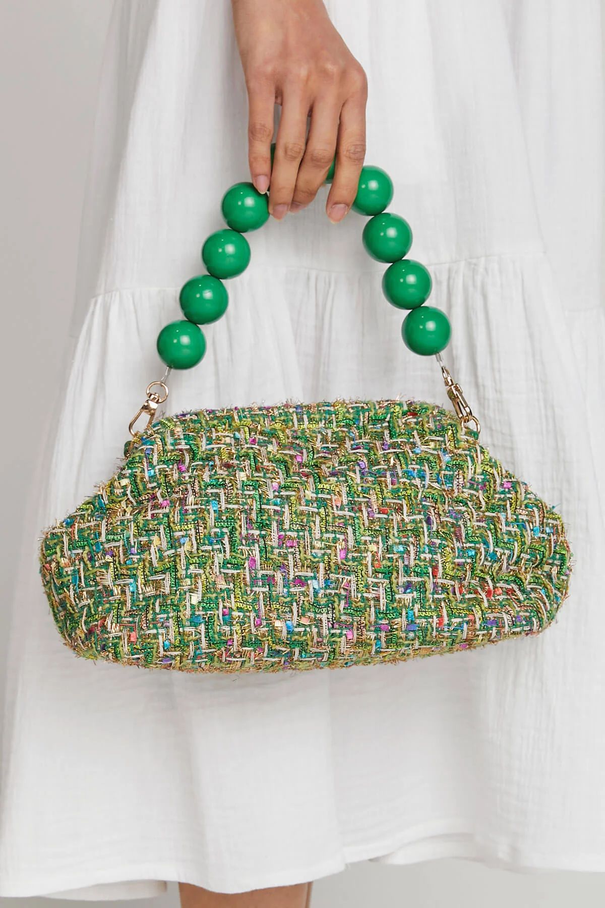 Tweed Multi Dumpling Clutch/Bag + Green Large Bead Strap | Social Threads