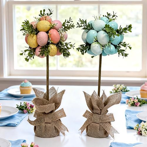 Easter Egg Tree Decorations Set of 2-14 Inch Tabletop Easter Tree with Colorful Egg Ornaments for Spring Home Decor, Holiday Table Centerpieces, Indoor Mantel Shelf Decor, Pink Blue Yellow Pastel | Amazon (US)