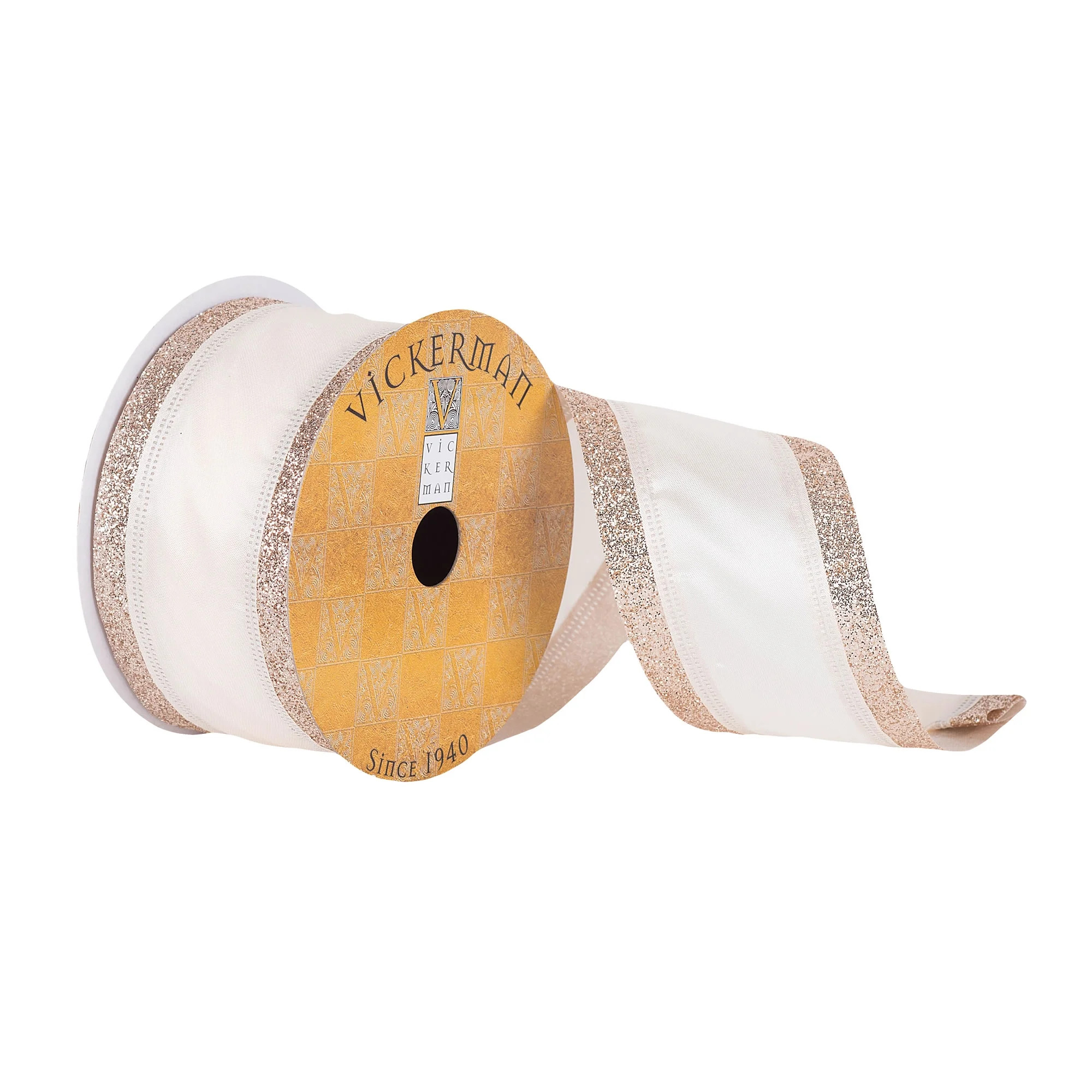 Vickerman 2.5" x 10 yard Ivory Ribbon with a Champagne Glitter Edge Christmas Ribbon | Walmart (US)