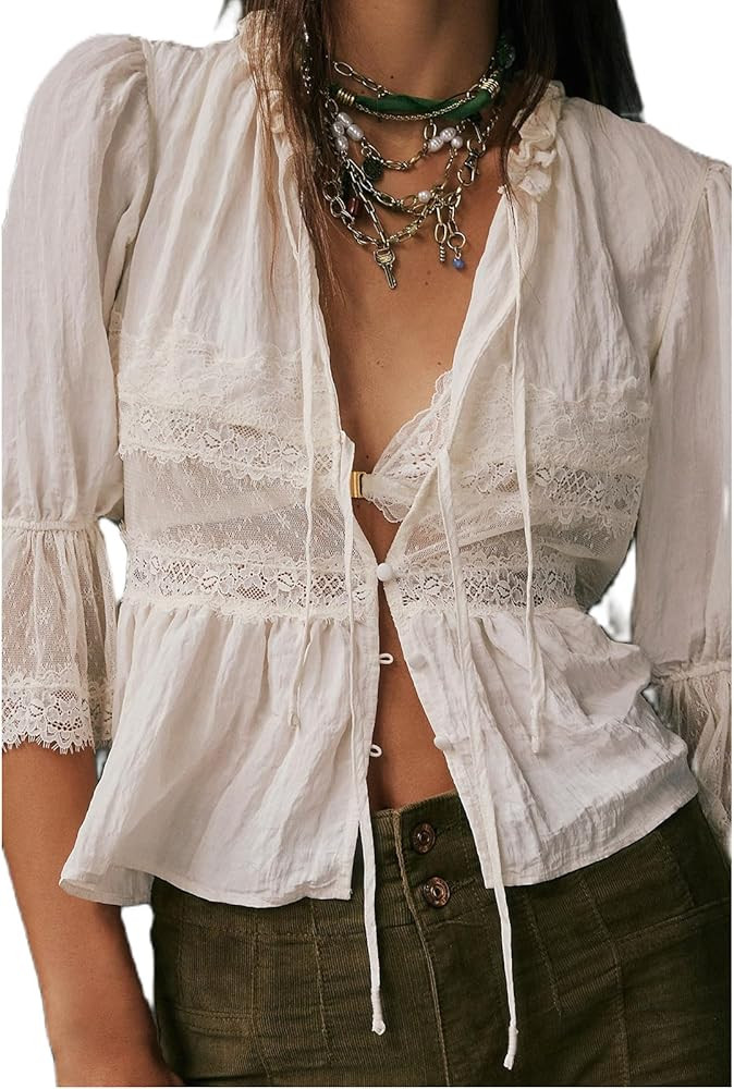 Women’s Tie Front Ruffle Boho Tops Flowy Sheer Short Sleeve Lace Blouse Y2k Embroidered Babydol... | Amazon (US)