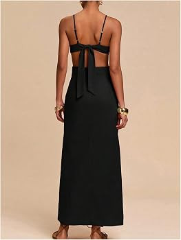 SHENHE Women's Petal Backless Linen Maxi Dress Cut Out Vacation Zipper Long Dresses | Amazon (US)