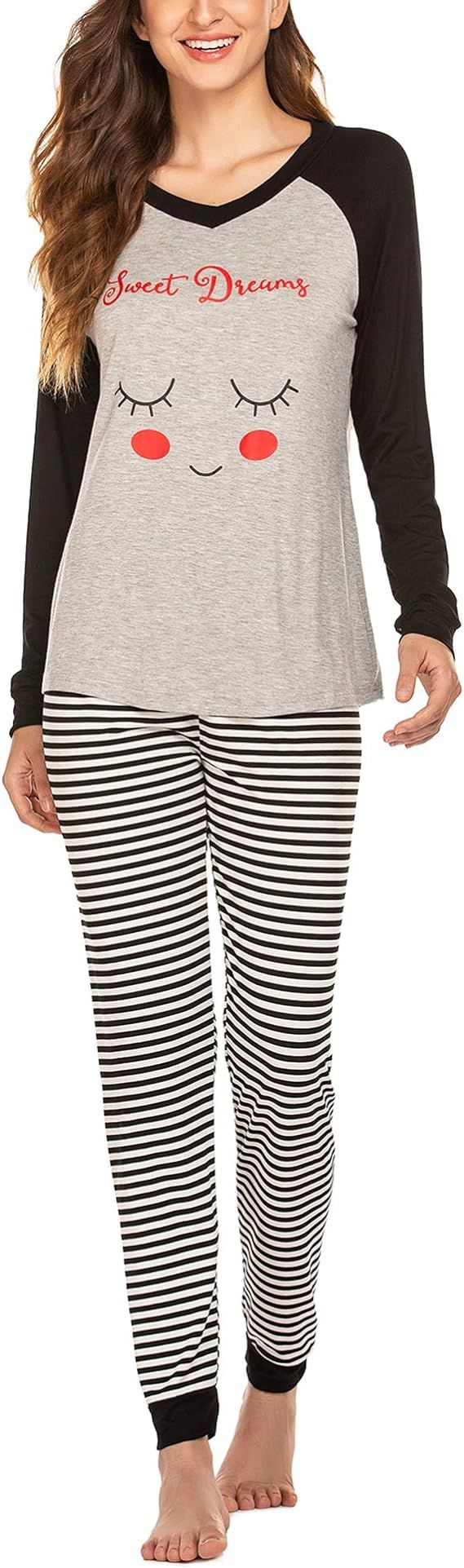 Ekouaer Women's Pajamas Set Long Sleeve Raglan Shirt and Pants Pj Lounge Set Print Sleepwear | Amazon (US)