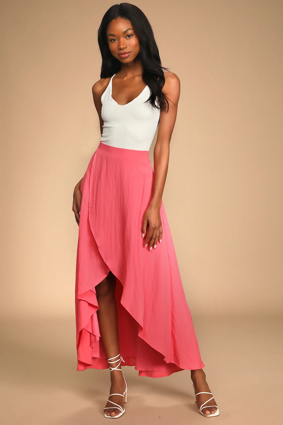 Beach Days Coral Pink High-Low Midi Skirt | Lulus (US)