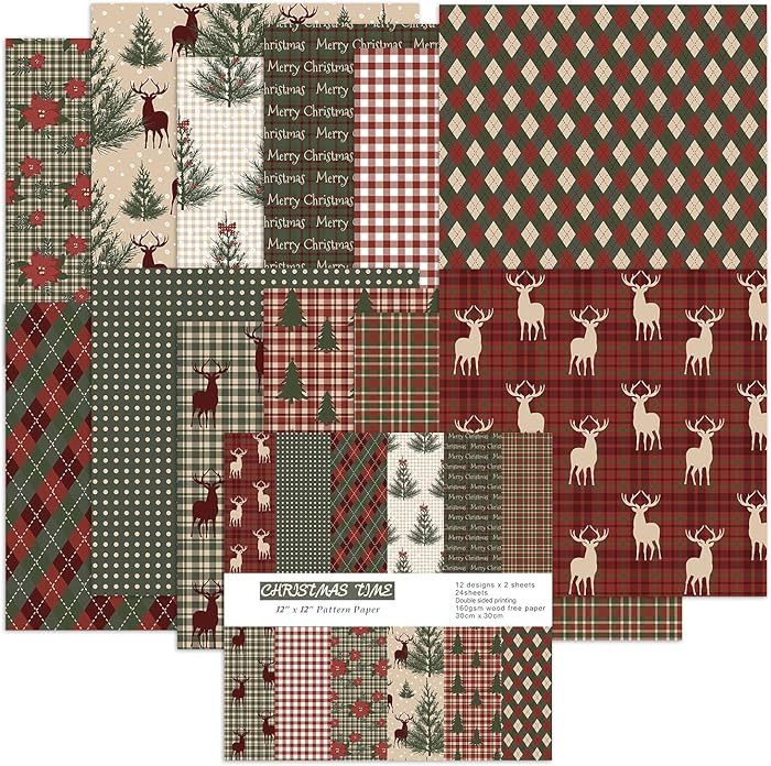 Christmas Scrapbook Paper Pad 12×12,Vintage Christmas Deer Patterned Papers ,24 Sheets Double-Si... | Amazon (US)