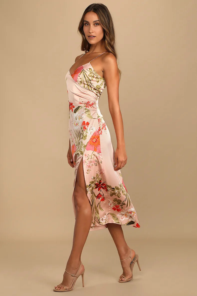 Remarkable Entrance Pink Floral Print Satin Midi Dress | Lulus