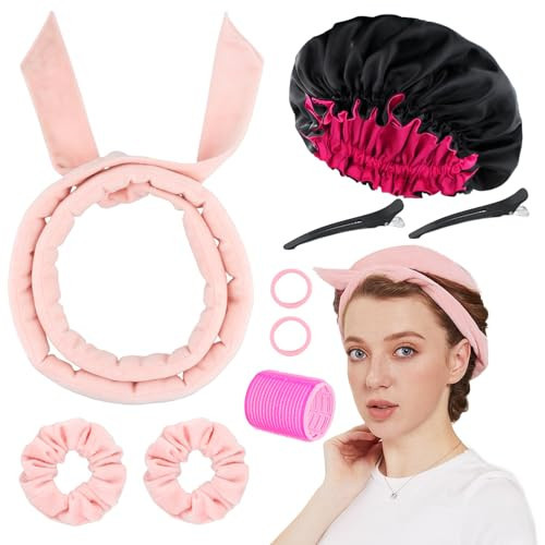 9 PCS Heatless Curlers Headband Set, Soft Velour Heatless Curls, Overnight Heatless Hair Curling, Hair Curlers No Heat for Short & Long Hair (Pink, 9Pcs) | Amazon (UK)