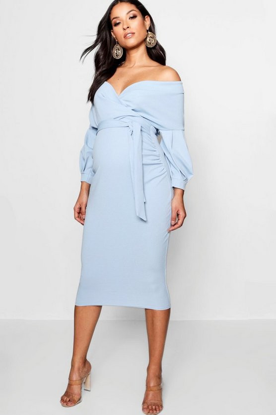 Maternity Off The Shoulder Wrap Midi Dress | Boohoo.com (US & CA)