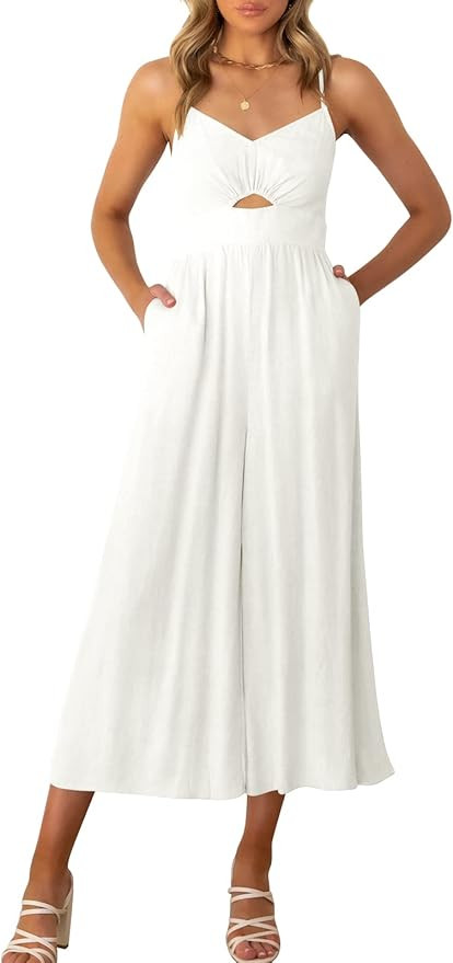 ANRABESS Women Summer Casual Spaghetti Strap Sleeveless V Neck Cutout Linen Wide Leg One Piece Ju... | Amazon (US)