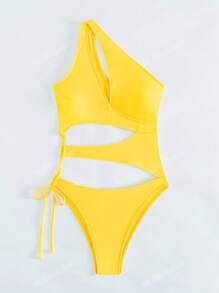 Solid Color One-Piece Swimsuit With Hollow Out Sexy One Shoulder Design, Beach Vacation Yellow On... | SHEIN