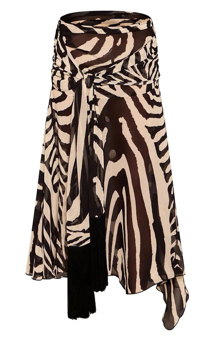 Black Zebra Print Chiffon Tassel Detail Wrap Maxi Skirt | PrettyLittleThing USA | PrettyLittleThing US