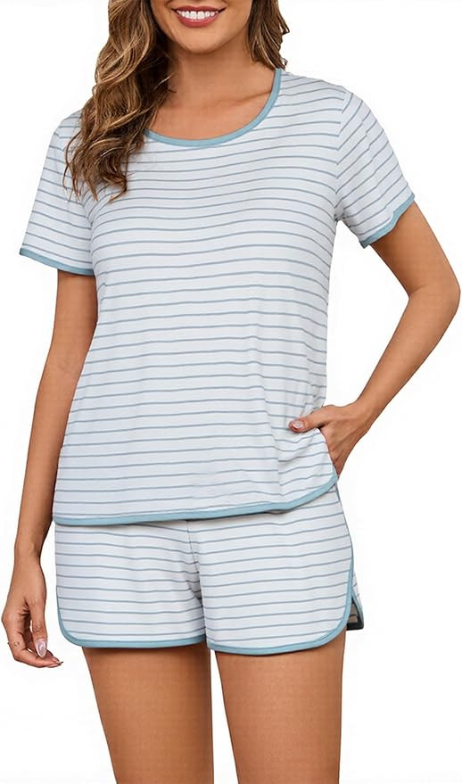 Cotton Pajama Sets for Women 2 Piece Lounge Set Stripe Pj Set Loungewear Short Sleeve Top and Sho... | Amazon (US)