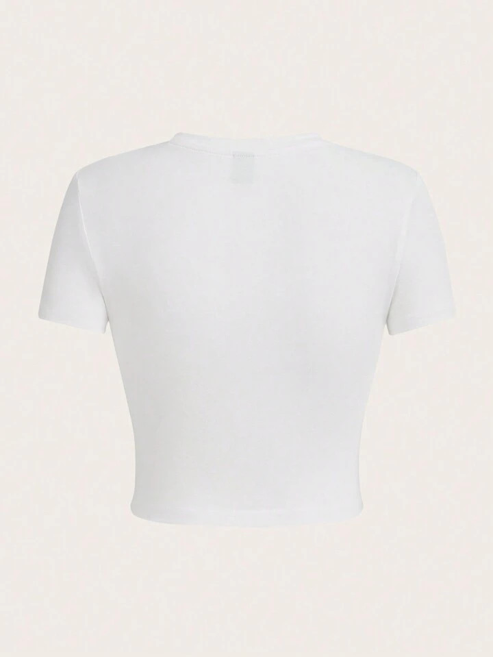 SHEIN EZwear Casual Minimalist Leopard & Letter Print Round Neck Short Sleeve Cropped Tight Fit T... | SHEIN