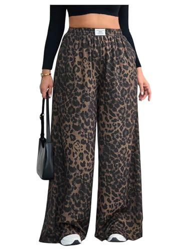 SOLY HUX Women's Plus Size Leopard Pants Cheetah Print High Waisted Baggy Wide Leg Pants Trousers with Pockets Brown Leopard Large Plus | Amazon (US)