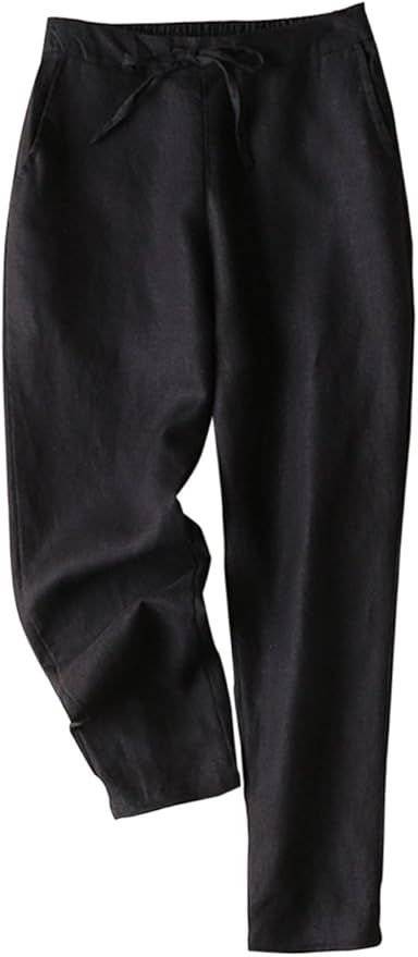 IXIMO Women's Tapered Pants 100% Linen Drawstring Back Elastic Waist Ankle Length Pants | Amazon (US)