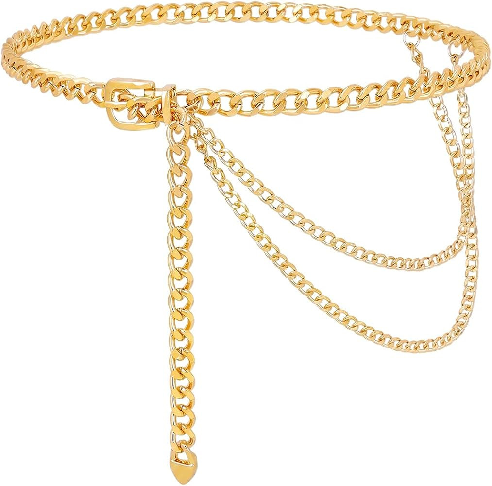 Gold Chain Belts for Women, 41" Adjustable Chunky Metal Waist Belt, Hollow Long Waist Chain Belt,... | Amazon (US)