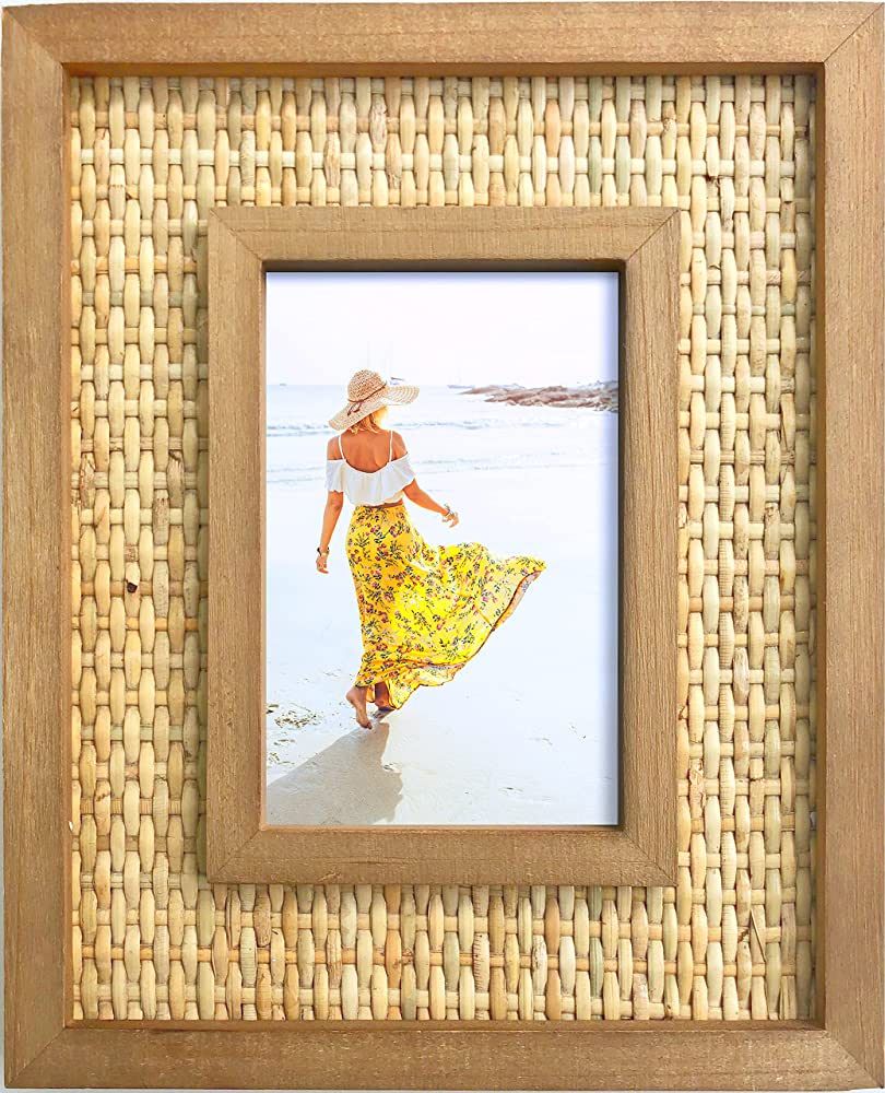 Fairwood Way Rattan and Wood Picture Frame - Boho or Coastal or Beach Photo Frame - Tabletop Stan... | Amazon (US)