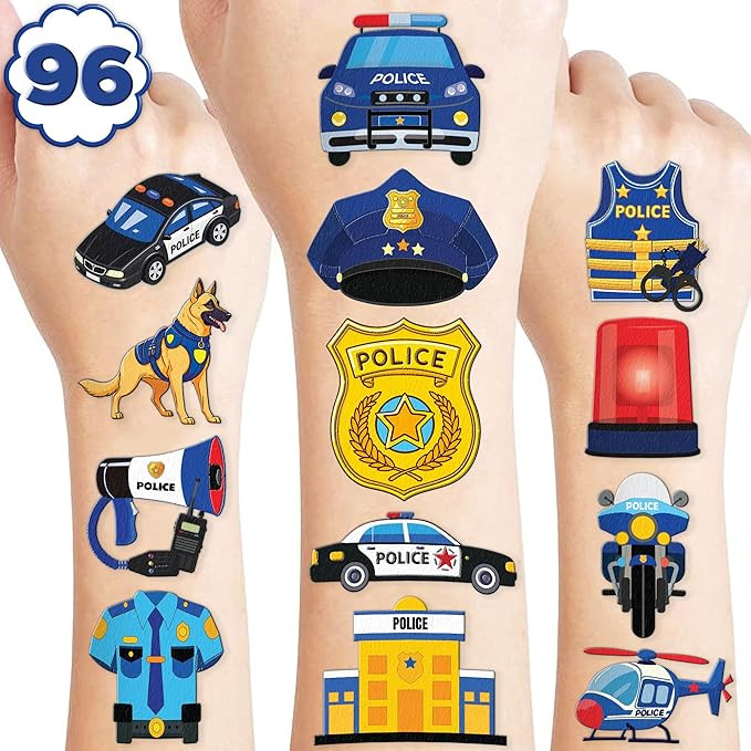 96 PCS Police Car Police Officer Policeman Pre-Cut Temporary Tattoos for Kids | Super Cute Theme ... | Amazon (US)
