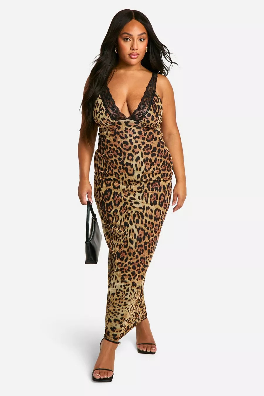 Plus Mesh Leopard Print Contrast Lace Plunge Maxi Dress | boohoo (US & Canada)