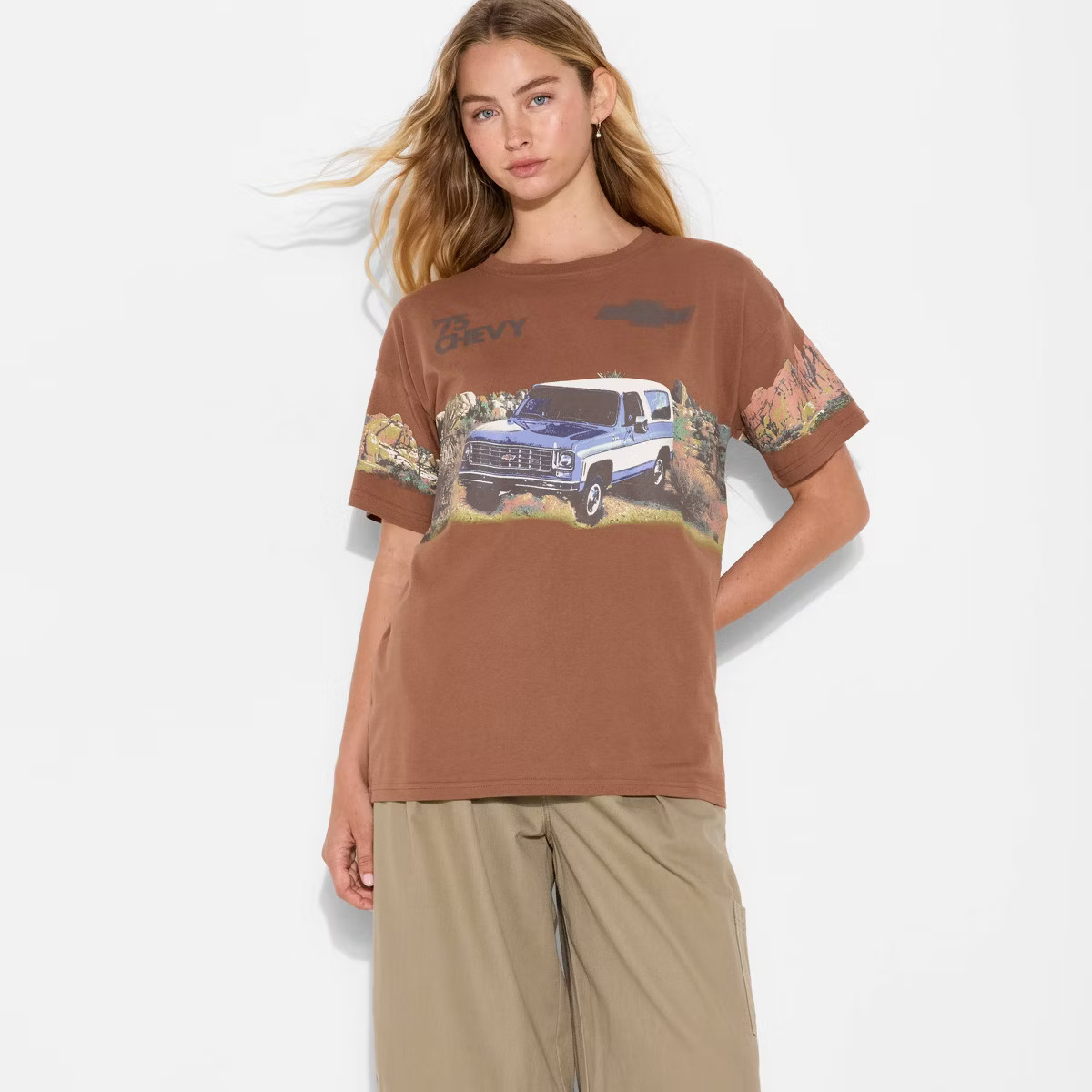 Women's Chevy Blazer Oversized Short Sleeve Graphic T-Shirt - Light Brown | Target