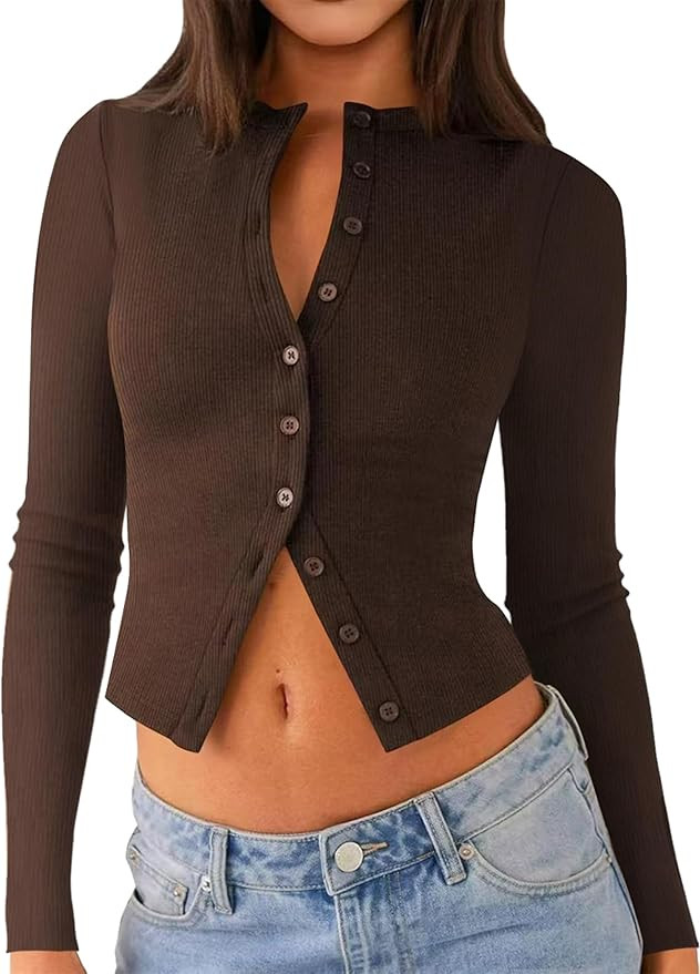 Womens Long Sleeve Tops Fall Lightweight Cardigan Cropped Going Out Shirts Ribbed Button Down Cut... | Amazon (US)