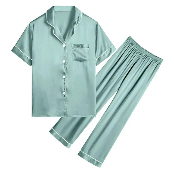 DAKIMOE Silk Satin Pajamas Set for Women Two-Piece Short Sleeve Shirt with Long Pajama Pant Set S... | Walmart (US)