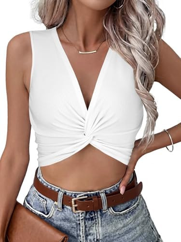 Vrtige Women's V Neck Twist Front Ribbed Knit Sleeveless Sexy Crop Top Cami Tank | Amazon (US)