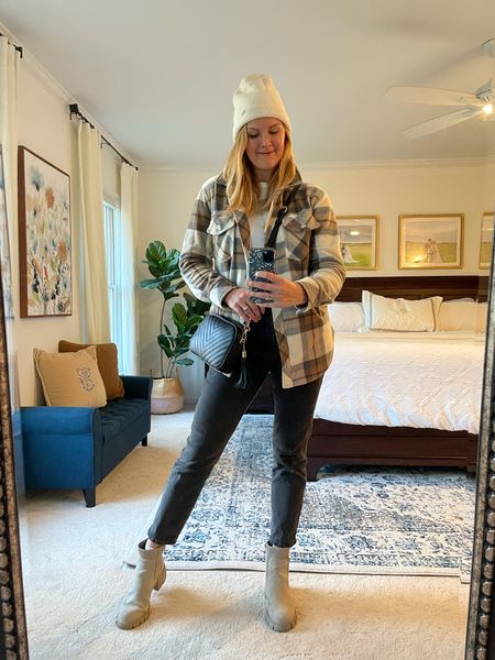 Winter Outfit Idea - what I wore for a weekend, casual day date.

Plaid fleece shirt jacket 

Faded black denim 

Quilted black crossbody bag 

Taupe zip up chunky winter boots

Off white beanie

Wearing my normal size in everything.

#LTKFind #LTKstyletip #LTKunder50