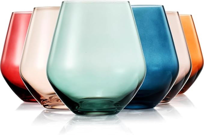 Beautiful Colored Wine Glasses | Set of 6 | Crystal, Large 16oz - Stemless Goblet Drinking Cups, ... | Amazon (US)