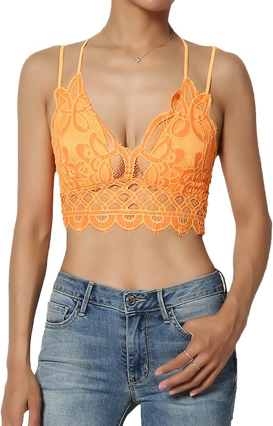 TheMogan Cross Strap & Stretchy Smocked Back Crochet Lace Bralette Pad Bra Top | Amazon (US)