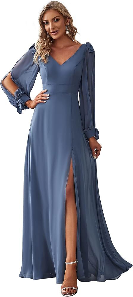 Ever-Pretty Women's V Neck Long Sleeve Elegant Chiffon A Line Side Slit Formal Dress 80116 | Amazon (US)