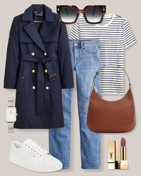 Navy trench coat
Striped t-shirt
Brown bag
White sneakers
Pink lipstick
Gold and silver watch 
Smart casual outfit
Spring outfit
J.Crew outfit

#LTKfindsunder100 #LTKSeasonal #LTKstyletip