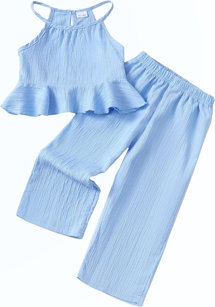 Kucnuzki Baby Girl Clothes Toddler Girl Summer Outfits Sleeveless Ruffle Halter Tops Wide Leg Pan... | Amazon (US)