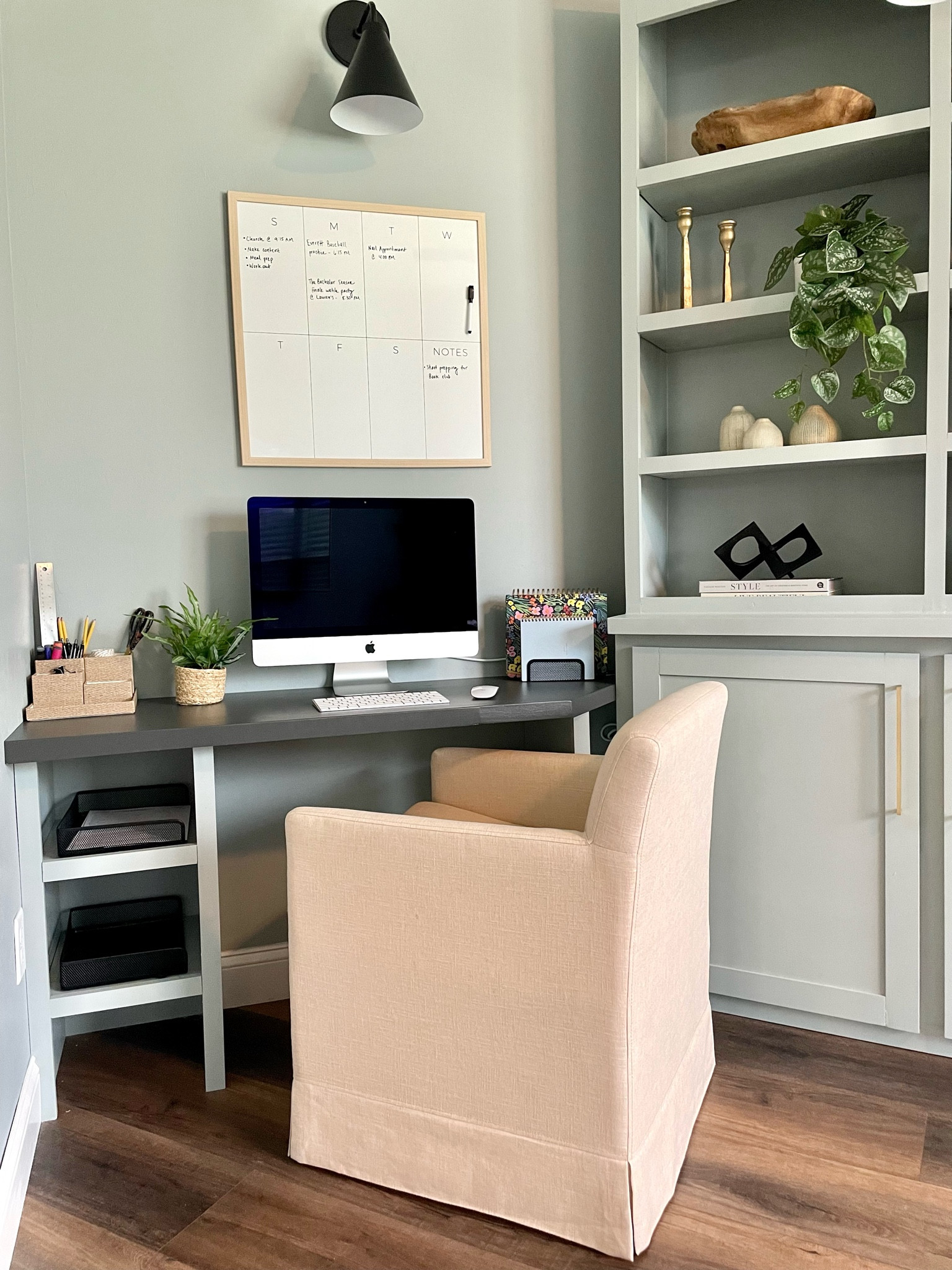 Shop my home office 
- affordable linen chair on casters 
- desk accessories 
- shelf decor 
- sconce light 

#LTKunder50 #LTKhome #LTKstyletip